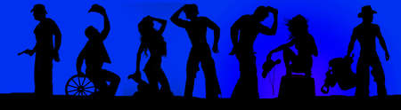 A silhouette of cowboys and cowgirls in many different positions.の写真素材