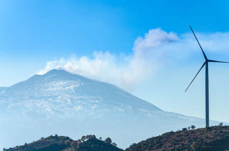 Eolic Turbines with the volcano in backgroundの写真素材