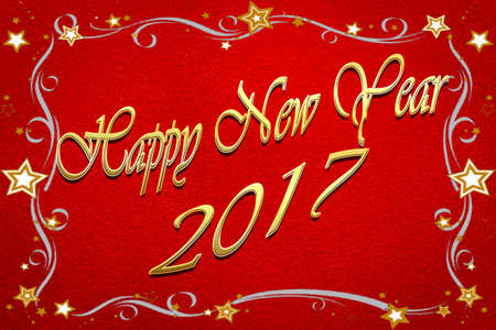 Happy new year 2017 on rustic canvas fabric texture in red color.
