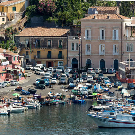 View of Sea port and houses at Acireale - Italy.のeditorial素材
