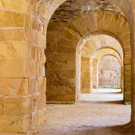 Scenic view of Maniace castle on sea, Syracuse, Sicily, Italyの写真素材
