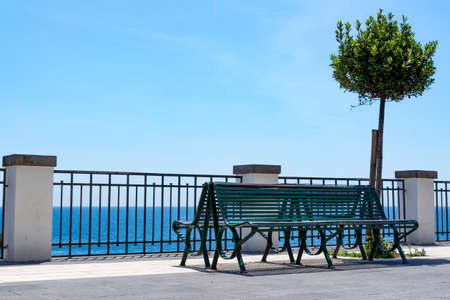 Bench and little tree at the sicilian sea, Italy.の写真素材