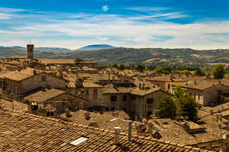 A cityscape of medieval houses of Gubbio Italyの写真素材