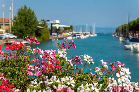 Italy: Balcony of flowers on Lake Gardaの写真素材