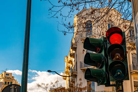 Red signal. Detail of a city traffic light.