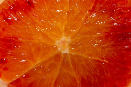 Detail of a fresh sliced orange, ideal for backgrounds or texturesの写真素材