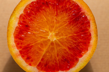 Detail of a fresh sliced orange, ideal for backgrounds or texturesの写真素材