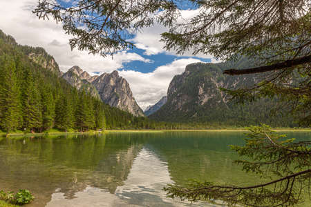View of Toblacher See, lake in the north Italy, in the background the Dolomites.の写真素材