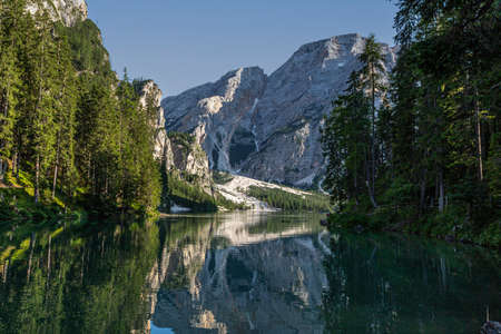 Lake Braies is a lake in the Prags Dolomites in South Tyrol, Italyの写真素材