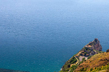 View of an ancient castle overlooking the blue Sicilian seaのeditorial素材