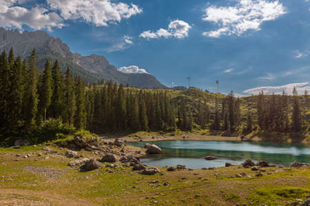 Lake Carezza is a small alpine lake in the Dolomites, italy.の写真素材