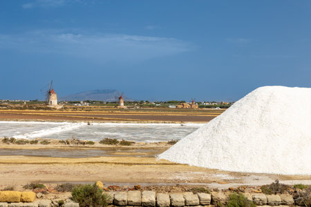 The coastal landscape of west Sicily is dotted with traditional salt pans and windmills, capturing the essence of the island's rich history and natural resources.の写真素材