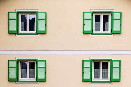 Doors and windows of colorful housesの写真素材
