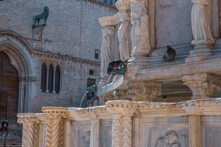 Thirsty pigeons refresh themselves simultaneously at an ancient medieval Umbrian fountainの写真素材