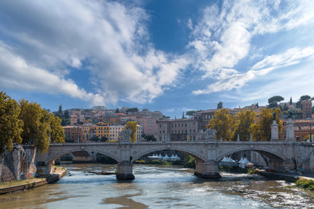 The historic Tiber of Rome, with its ancient bridgesの写真素材