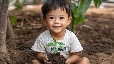 A smiling young boy gently holds a small plant seedling in his hands, sitting amidst dark brown soil in an outdoor garden setting. Natural lighting illuminates the scene, highlighting the child's joyful expression and the vibrant green leaves of the new plant.の素材