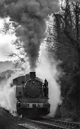Upright, vertical photograph of TKh 2944 on a slight incline steaming out of Consall Forge station Churnet Valley Railway. The TKh\'s were built by Fablok in Poland, between 1947 and 1961, as industrial shunters.のeditorial素材
