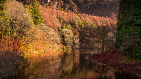 An autumn landscape shpwing the river Elan in the Elan valley mid Wales UK meandering between...