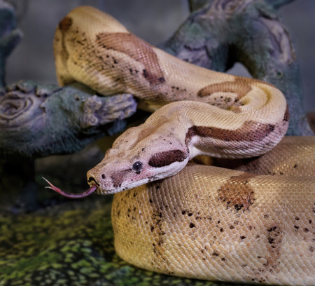 a close up of a boa snake, Boa constrictor. It is curled around a log and it has its forked tongue...