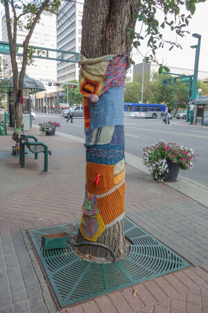 EDMONTON, CANADA - AUGUST 7, 2014: Street art project called CommuKNITy Spiritual Arts Collectiveのeditorial素材