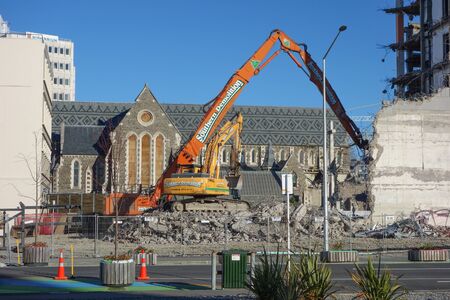 CHRISTCHURCH, NEW ZEALAND - JUNE 10, 2015: Ruins of buildings destroyed in the 2011 earthquake are...