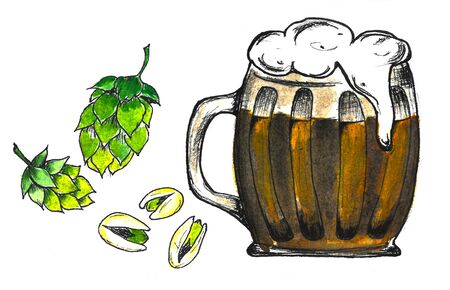 Octoberfest subjects. dark beer mug with white foam and green malt and pistachio watercolor drawing. Cartoon style, watercolor back. Hand drawn illustration for design menus cafe, bar.の写真素材