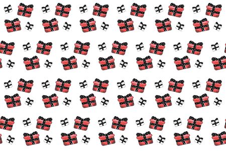 Hand-drawn illustration watercolor gift boxes red with black ribbon and black and white patternの写真素材