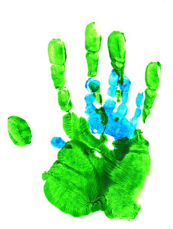 Watercolor painting the imprint of the hands of family love loyalty background. Human green blue hands watercolor abstract composition. Bright abstract background of three hands silhouettes. Dad kidの写真素材