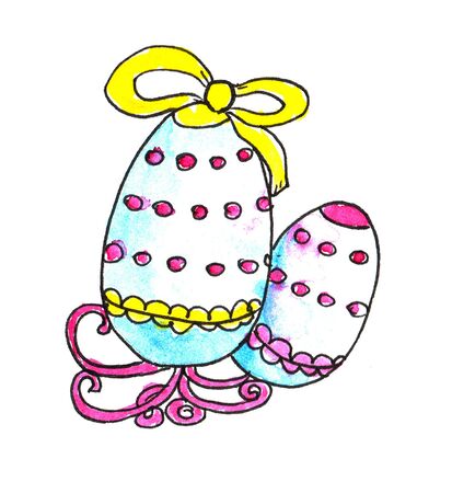 Easter Doodle Painted eggs with a bow watercolor. Hand drawn easter doodles eggs isolated on white background.の写真素材