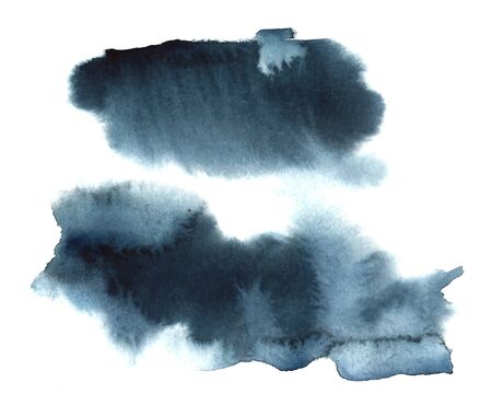 Water watercolor dark blue hand drawn paper texture isolated stain on white background. Wet brush painted smudges abstract smear illustration. Design element for banner, print, template, webの写真素材