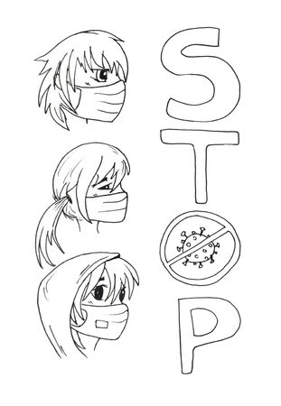 Hand drawn set illustration with a group of elderly people and pensioners in medical face mask. Anime girls and boys. people. Quarantine, stop coronavirus epidemic design concept. Stop sign.の写真素材