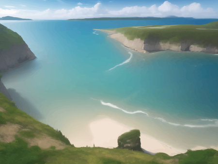 Standing on the top of the mountain overlooking the beautiful blue seaの写真素材