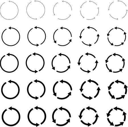 25 arrow pictogram refresh reload rotation loop sign set. circular arrows. Simple web icon on white backgroundのイラスト素材