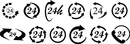 24 hours Service Icons Set, 24/24 icons vector isolated on white backgroundのイラスト素材