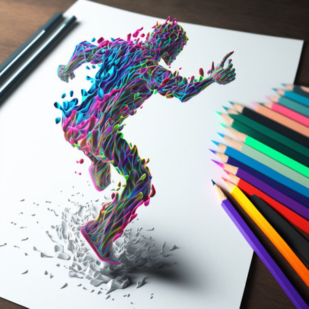 Colorful pencils and paper with silhouette of a running man.の素材