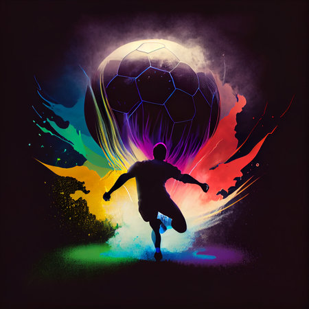 Silhouette of a soccer player kicking the ball against a background of colorful splashesの素材