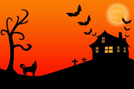 Haunted Halloween house with bats under a full moon.の写真素材