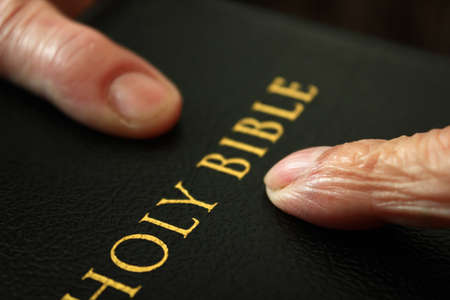 Fingers Pointing at the Words Holy Bible