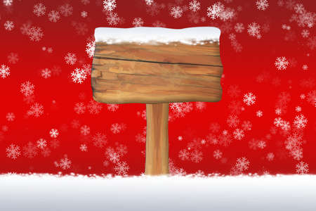 Snow falling on a blank wooden sign isolated on a snowflake backgroundの写真素材