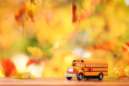 Autumn scence of an orange school bus surounded by falling leavesの写真素材