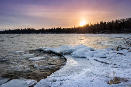 Sunset scene over the Provincial Park at Cold Lake, Albertaの写真素材