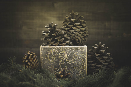 Pine cones in a gold glitter gift box on spruce branches.の写真素材