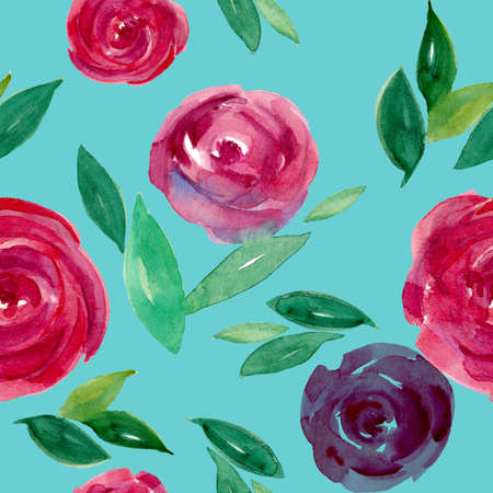 Watercolor floral seamless pattern. Red and pink watercolor roses with leaves. Hand painted vintage floral texture on blue background. Abstract round rosebuds in wet technique. Design for textile.の写真素材