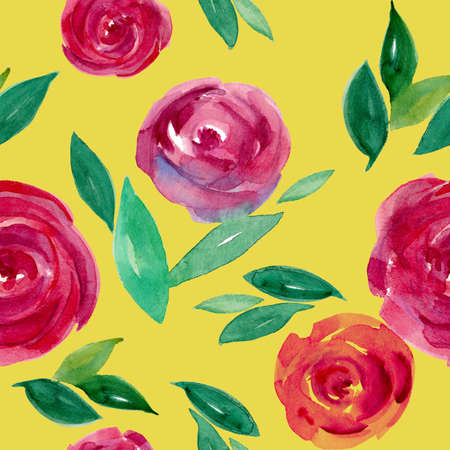 Watercolor floral seamless pattern. Red and pink watercolor roses with leaves. Hand painted vintage floral texture on yellow background. Abstract round rosebuds in wet technique. Design for textile.の写真素材