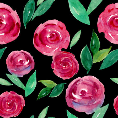 Watercolor floral seamless pattern. Red and pink watercolor roses - flowers, twigs, leaves, buds. Hand painted vintage floral texture on black background. Abstract round rosebuds in wet technique.の写真素材
