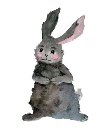 Watercolor hand-drawn little furry bunny. Gray rabbit sitting alone and smiling. Kids postcard illustration in cartoon style. Design for baby shower invitations, covers, cards, valentinesの写真素材