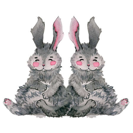 Watercolor hand drawn baby bunny twins. Gray rabbits sitting together and smiling. Kids postcard illustration in cartoon style. Design for baby shower invitations, covers, cards, valentinesの写真素材