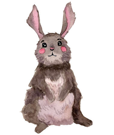 Watercolor hand-drawn little cute bunny. Gray rabbit sitting alone and smiling. Kids postcard illustration in cartoon style. Design for baby shower invitations, covers, cards, valentinesの写真素材