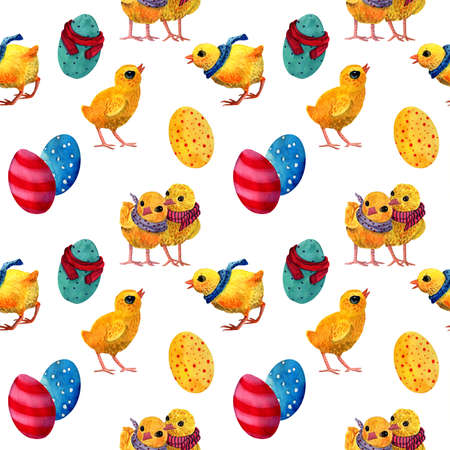 Seamless pattern with cute chicks and Easter eggs on white background illustrationの写真素材