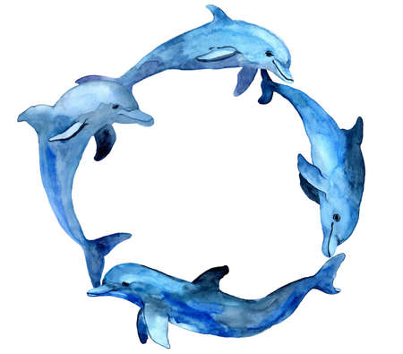 Watercolor hand drawn illustration of dolphin family in circle. ocean animal decor background. animal in cartoon style. Design for covers, frames, templates, borders, stickers, labels.の写真素材